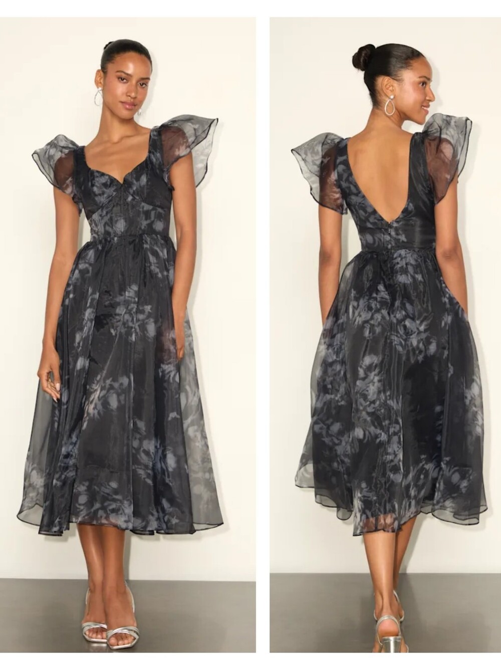 Lulus Mesmerizing Mood Black Floral Organza Ruffled A-Line Midi Dress Small